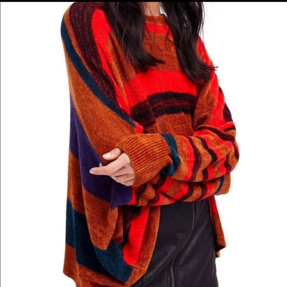 FREE PEOPLE Chenille Colorblock Striped Sweater